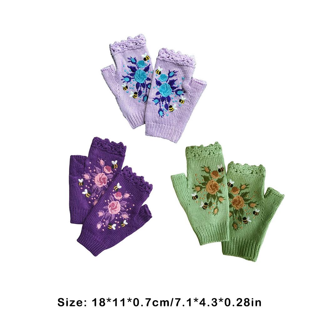 1 Pair Woman Embroidery Knitted Gloves Winter Autumn Skating Ski Riding Warm Thermal Crochet Flowers Mittens for Female
