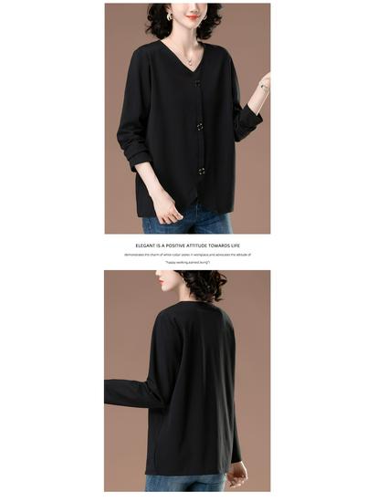 Women’s Plus Size V-Neck Long Sleeve Shirt – Loose Fit for Spring & Autumn, Slimming Design for Middle-Aged & Elderly 
