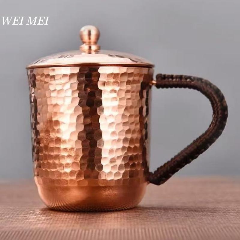 Handcrafted Vintage Pure Copper Coffee Cup,With Lid Juice Breakfast Mug,Woven Handle Hammer Texture Home 550Ml Tea Cup Tableware
