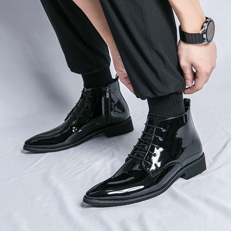 Men's Green Glossy High-Top Martin Boots - British Style Pointed Toe Chelsea Boots, Autumn Korean Trend.