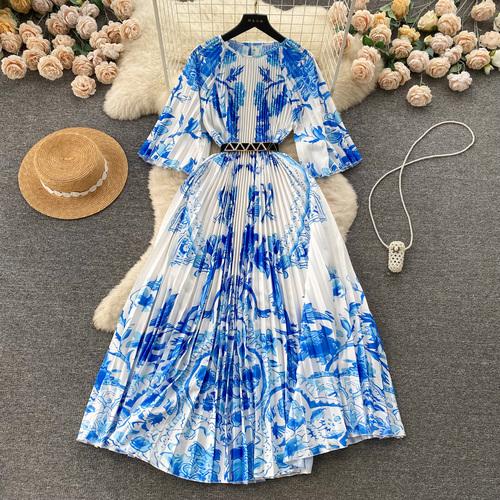 Spring Autumn Women Print Loose Pleated Dress Half Sleeve Oversized Long Maxi Robe