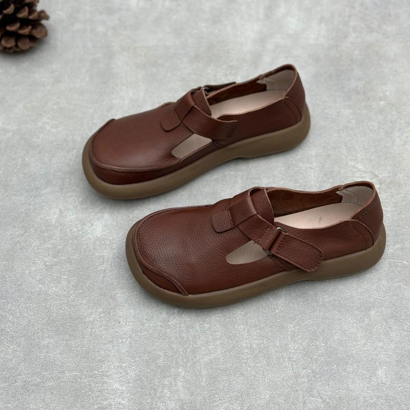 Johnature Retro Handmade Loafers Genuine Leather Women's Shoes Round Toe Casual Cowhide Women's Flat Shoes