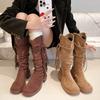 Braided rope wasteland autumn and winter women's high knee wind fringed boots slender new fashion suede but boots