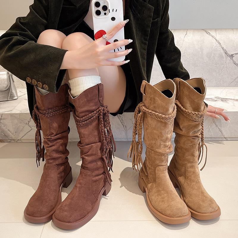 Braided rope wasteland autumn and winter women's high knee wind fringed boots slender new fashion suede but boots
