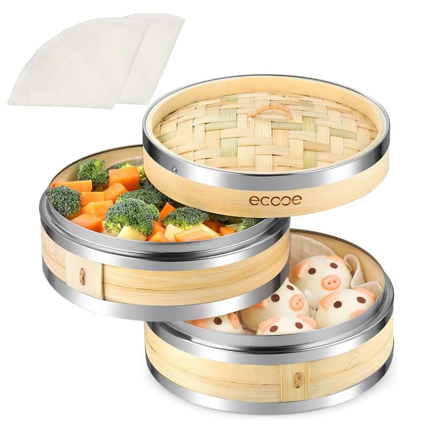 ecooe Steamer 2 Steamer 1 2 Reinforced Stainless Steel for Servings Bamboo Set Baskets, Lid, Cloths, Edge, 1-3 (Handmade Steamer, 20cm)
