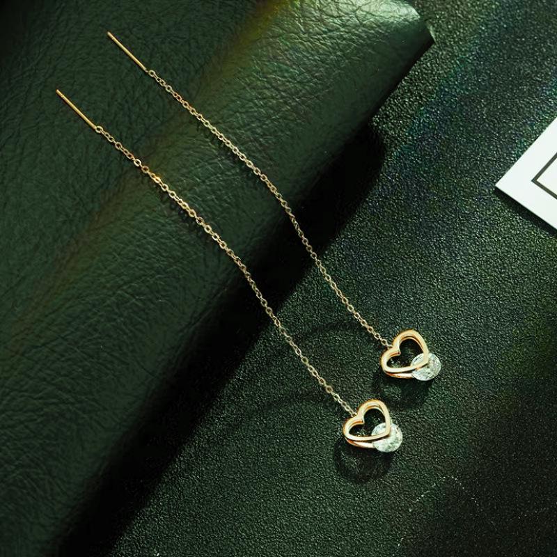 Korean Style S925 Silver Heart Tassel Zircon Earrings Electroplated