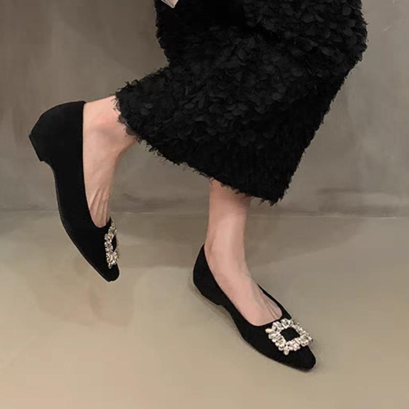 Fashion Women's Flat Shoes Spring New Pointed Head Shallow Mouth Suede Crystal Buckle Soft Sole Non-slip Low-top Shoes