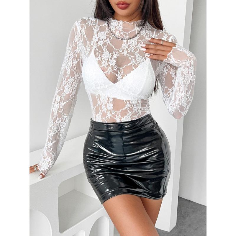 Nuova Blusa a Maniche Lunghe in Rete e Pizzo Trasparente Moda Donna Sexy Top Trasparenti Slim Fit T-shirt Streetwear Primavera Autunno Y2k Eleganti Abbigliamento Hot Girl