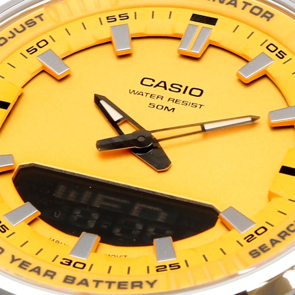 Casio World Time Analog-Digital Quartz Men's Watch AMW-880D-9AV Orange Yellow Metal Band International Model