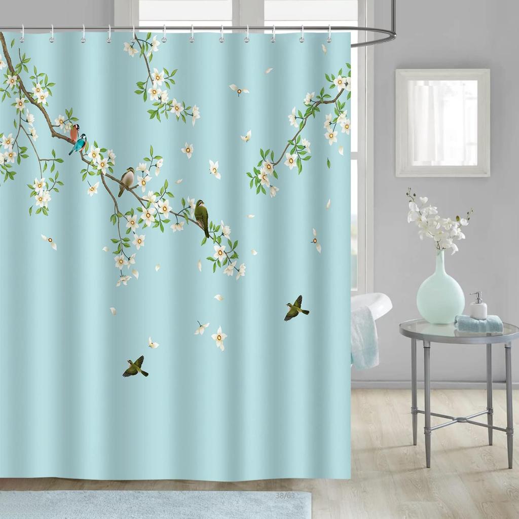Pink Cherry Blossom Waterproof Washable Polyester Shower Curtain 180X 200Cm Bathroom Shower Curtain With 12 Hooks