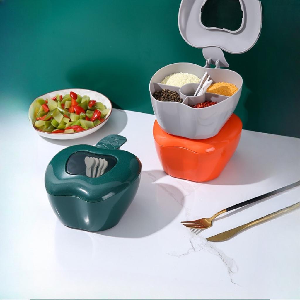 Creative Apple Shaped Multi Grid Design Seasoning Box Comes With 4 Spoons Perfect For Salt Sugar And Various Seasoning