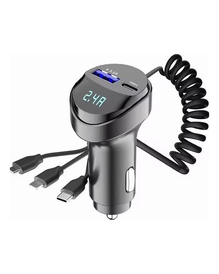 3in1 Car Bluetooth 5.0 FM Transmitter Audio MP3 Player 55W Fast Charging Car Charger with Retractable Cable Voltmeter 3.1A USB Type C Phone Charger