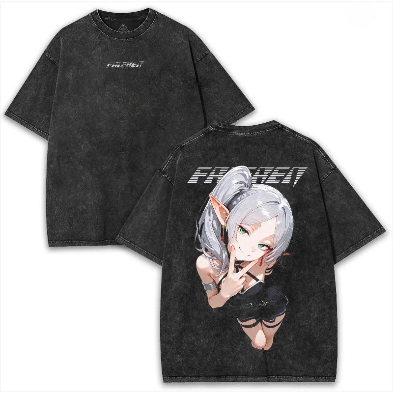 

Frieren Anime Cute T-shirt For Men Clothing Summer Short Sleeve High Quality Cotton Tee Shirt Gothic Y2k Vintage Washed Tshirts S чёрный
