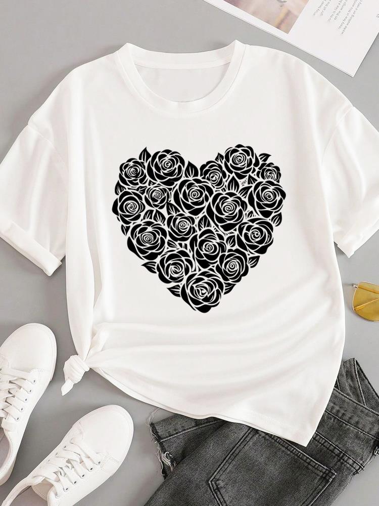 (Asian Size) T-shirts Fashion O-neck Female Casual Women's Top T Clothing Love Heart Style Print Short Sleeve Graphic Tee