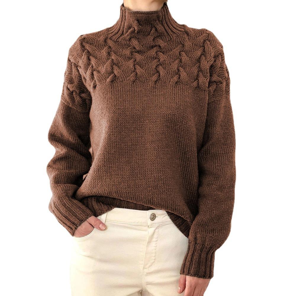 Women's Fashionable Cable Knit Detail High Neck Long Sleeve Sweater Luxurious Relaxed-fit Slimming and Versatile Top