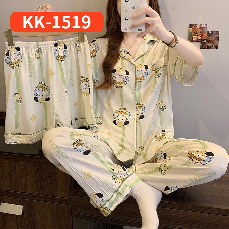 Retro Small Floral High-End Wrinkled Cloth Pajamas Women'S Summer Casual Homewear Short-Sleeved Three-Piece Set