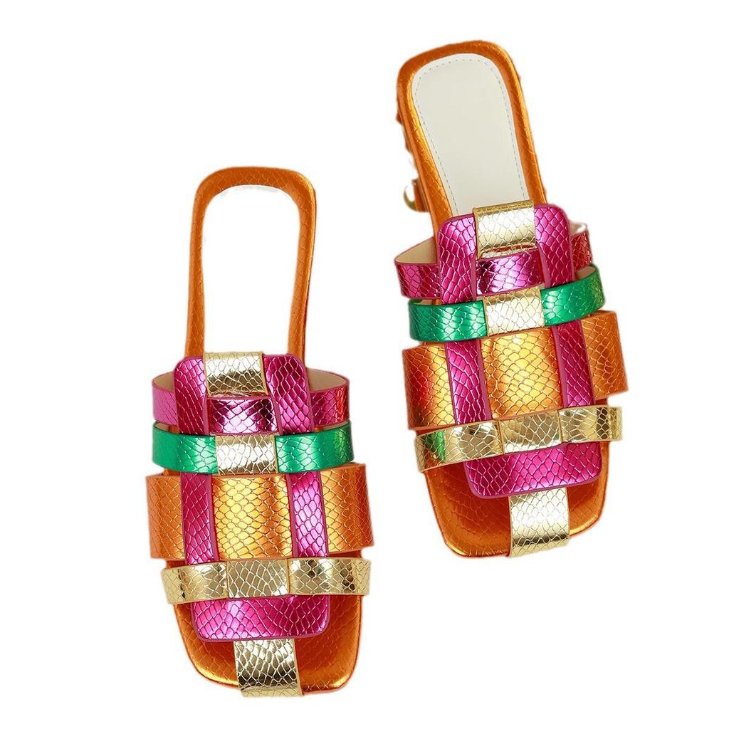 Women's Color Block Cross-Border Hollow Flat Slippers for Beach