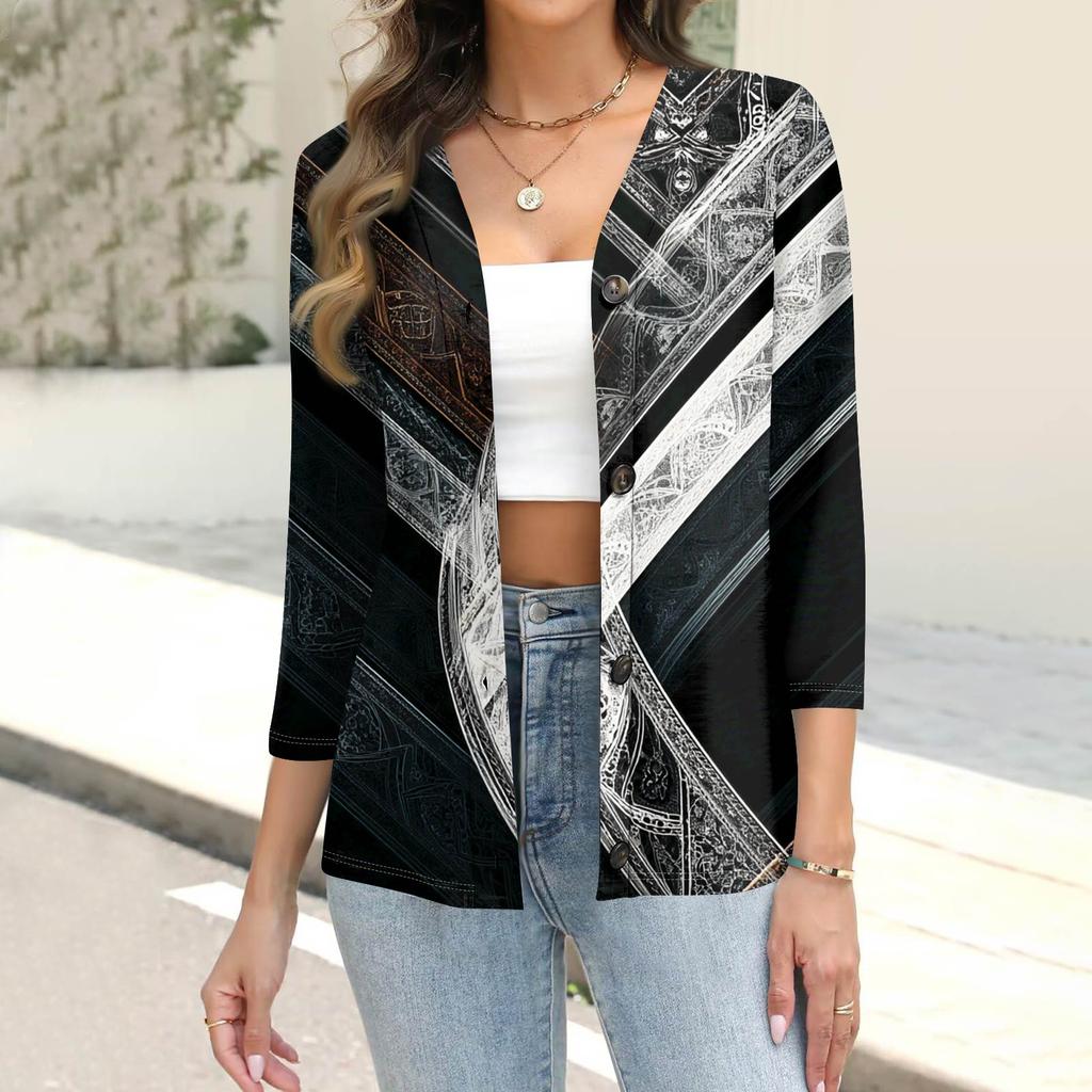 Dámská módní ležérní košile s potiskem na knoflíky, 3/4 dlouhý rukáv