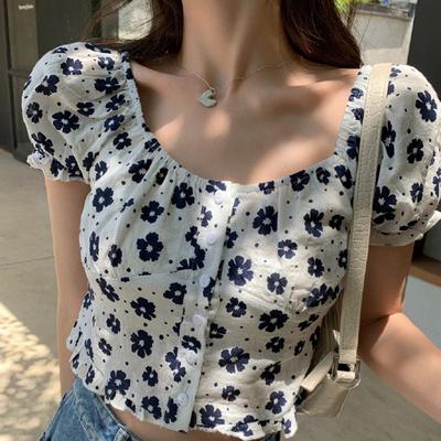 Summer Women Fashion Floral Print Crop Top Slim Casual Puff Sleeve T-shirt