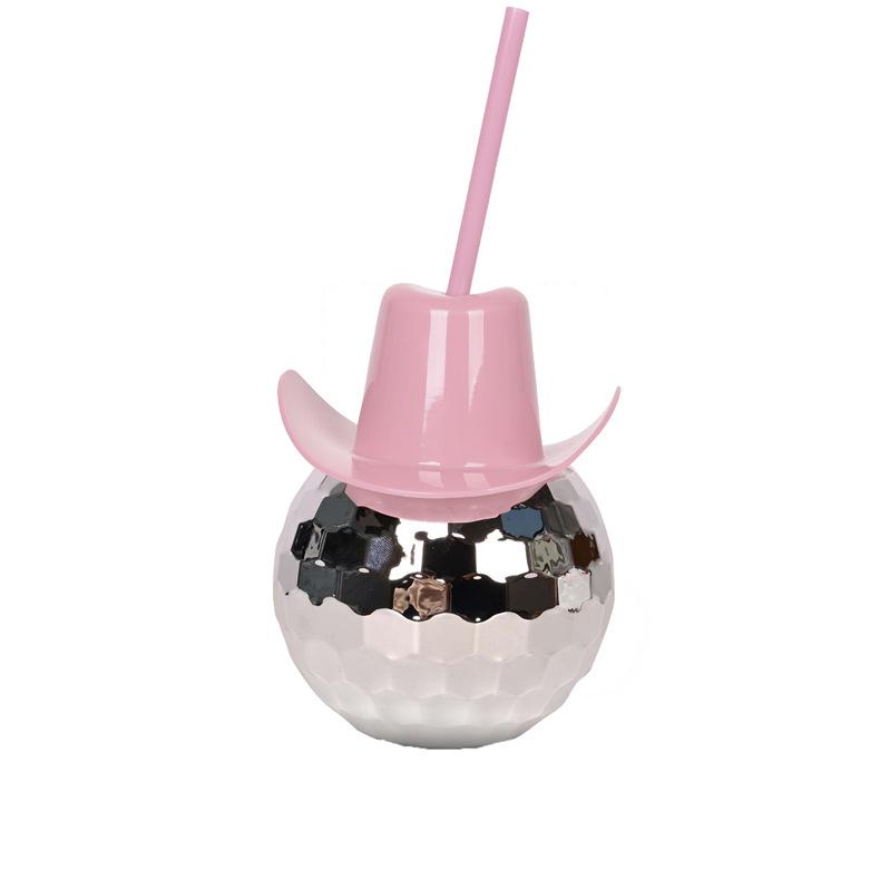 

Disco Ball Cowboy Hat Tumbler with Straw 20oz Sparkly Disco Cup Reusable Plastic Party Tumbler Bachelorette Rodeo Birthday Part рожевий