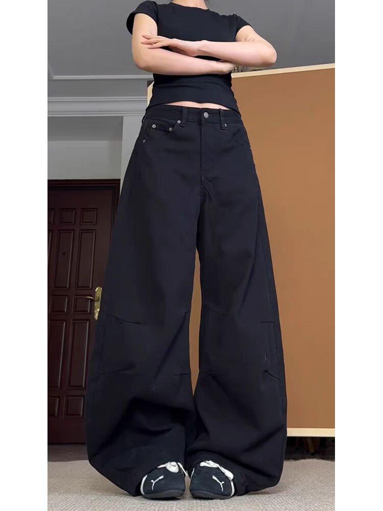 Women's American Retro Scimitar Jeans: Black, Loose Fit, Slimming, High-Street Wide Leg Pants