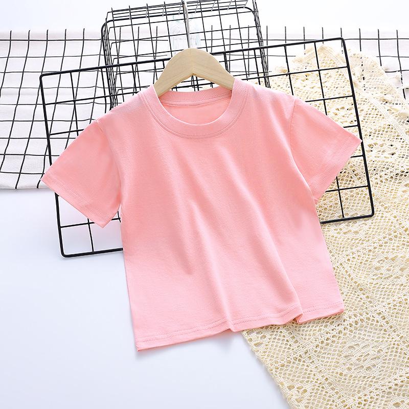 Kids' Cotton Short-Sleeve Round Neck T-Shirt with Logo, Candy Color, Primary School Uniform.