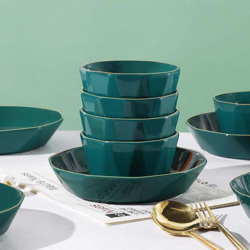 Luxury Peacock Green Tableware Set: Gold-Rimmed Bowl & Plate