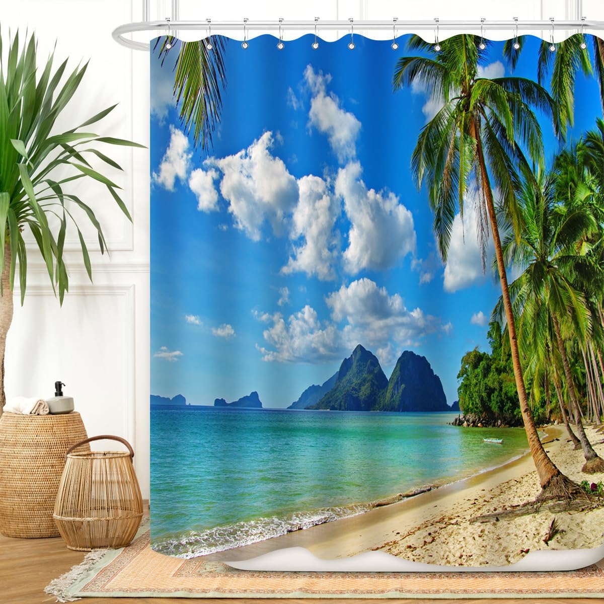 Paradise Island Shower Curtain Blue Sky White Clouds Tropical Beach Design Waterproof Bath Linen Vacation Theme Home Decor Item W60H190(CM)-1 Pcs