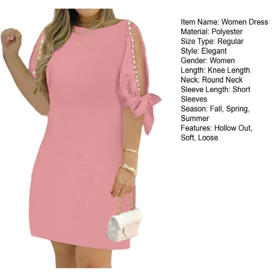 Women Dress Hollow Out Short Sleeves Round Neck Solid Color Soft Breathable Loose Knee Length Faux Pearl Decor Lady Commute Midi Dress