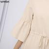 VONDA Women V Neck 3/4 Sleeve Casual Loose Drawstring Waist Maxi Rufffled Dress Robes
