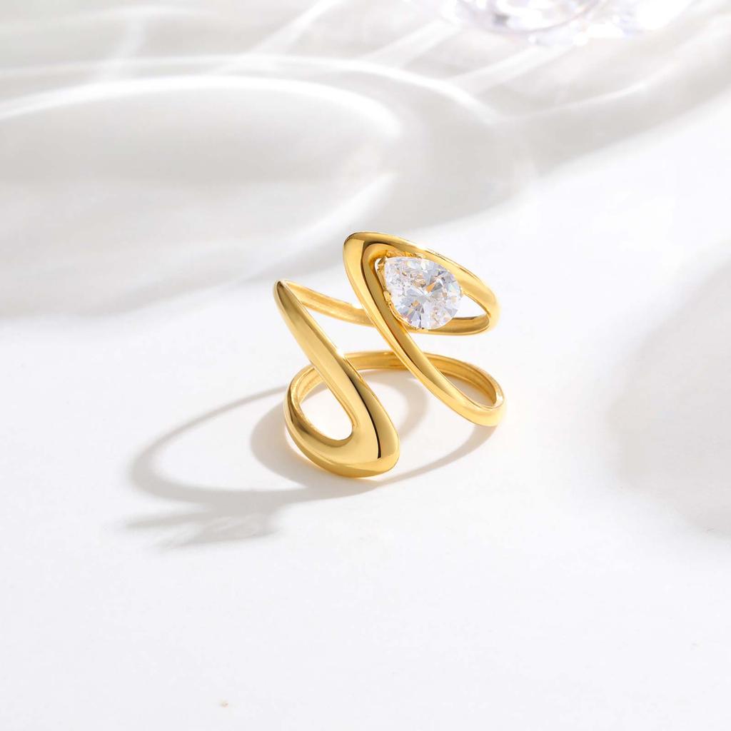 Cubic Zircon Irregular Hollow Opening Ring for Women, Geometric Twist Lines Stainless Steel Ring, Fashion Waterproof Jewelry