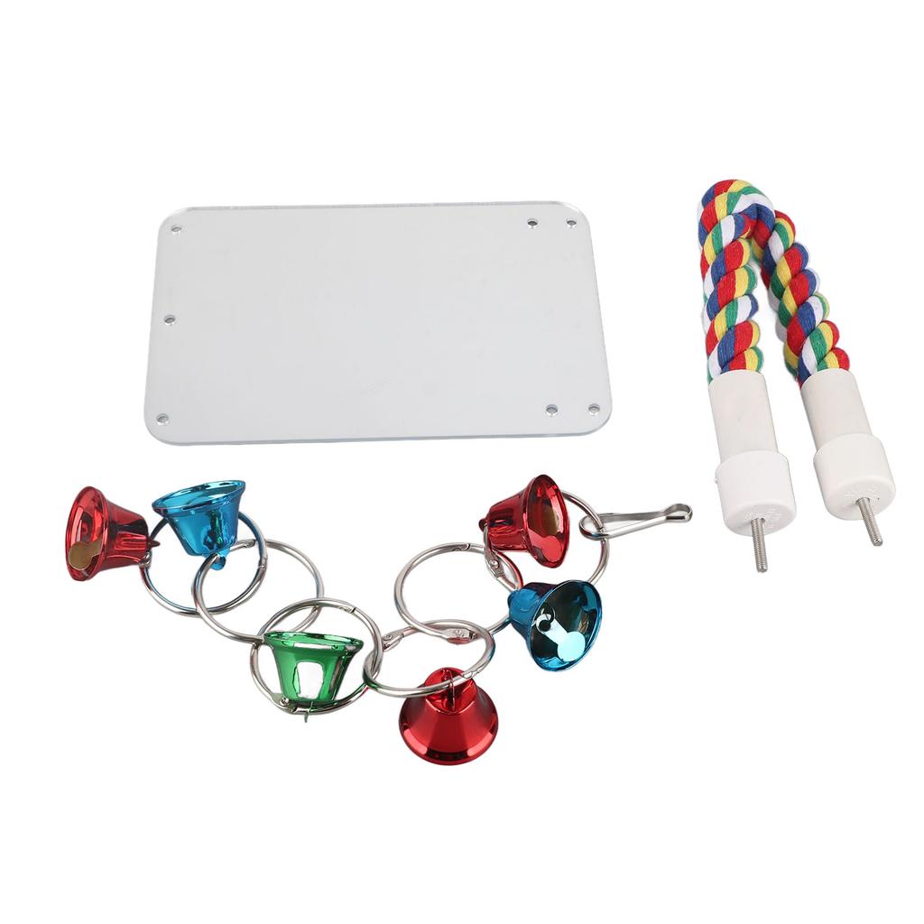 Bird Mirror Toy Colorful Chewing Standing Parrot Perch Mirror with Bell String for Parakeets