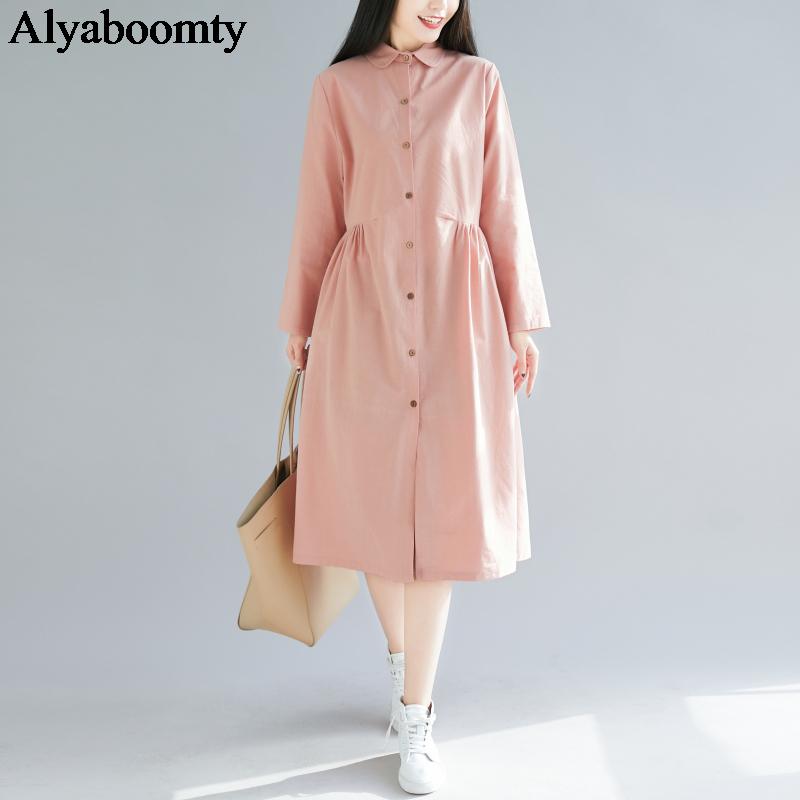 Mori Girl Autumn Spring Women Midi Shirt Dress Pink Wine Red Loose Cardigan Cotton Linen Retro Dress