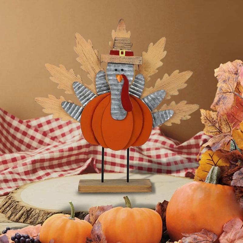 Thanksgiving Wooden Turkeys Decorations Indoor Turkey Figurines For Table Centerpieces Multi-Piece Harvest Decors with Pumpkin and Fall Foliage Motifs