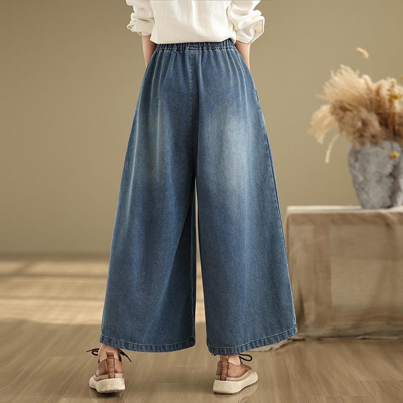 Plus Size Denim Wide-leg Pants Fashion, Elastic, Loose, Thin, Casual All-match Straight Wide-leg Pants