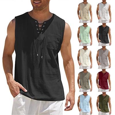 Men's Casual Loose Cotton Linen Shirts  Colour Shirt Blouse Sleeveless Vest Beach Shirts Tops