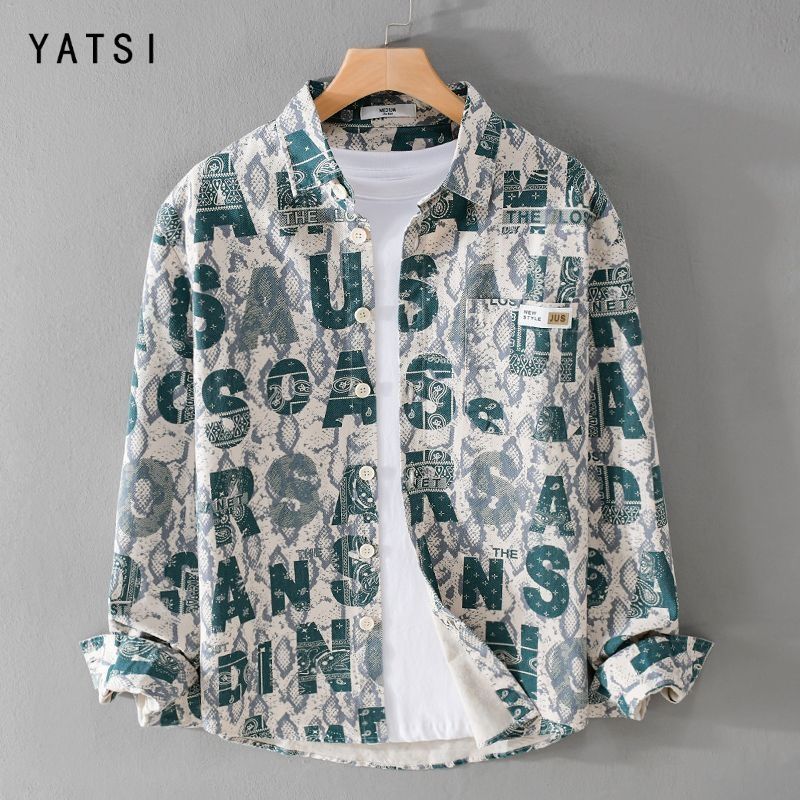 Japanese Letter Printed Personalized Lapel Shirt for Men Trendy and Cool Casual Long Sleeved Shirt Jacket Trendy