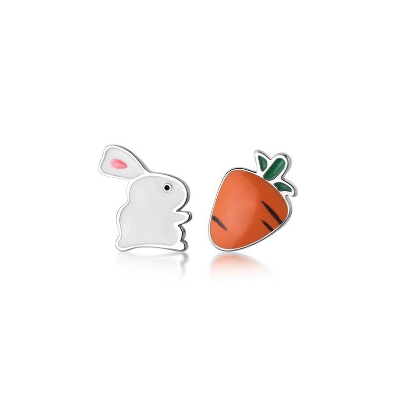 925 Silver Needle Rabbit Carrot Asymmetric Mini Animal Stud Earrings For Women Classic Jewelry Light Accessories