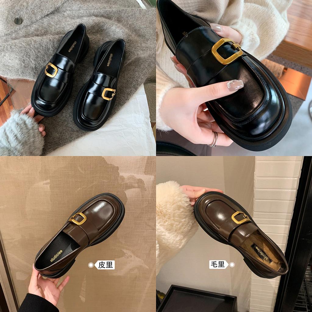 Cowhide Version~ Grape Mother Same British Small Leather Shoes Women's Buckle Thick Sole Thick Heel Heightened Round Head Lazy Loafers