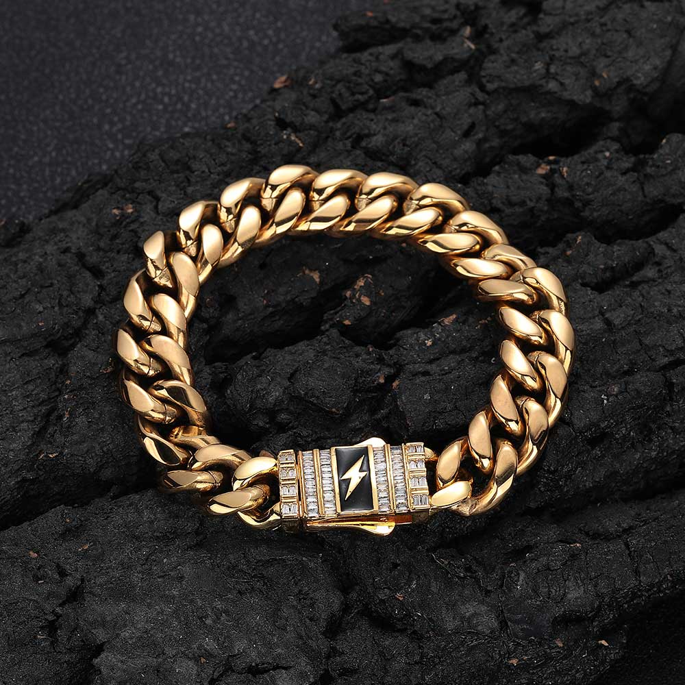 NUOYA Stainless Steel Cuban Link Bracelet Customizable Logo Unisex Iced Out Diamond Clasp Cuban Chain Bracelet for Men