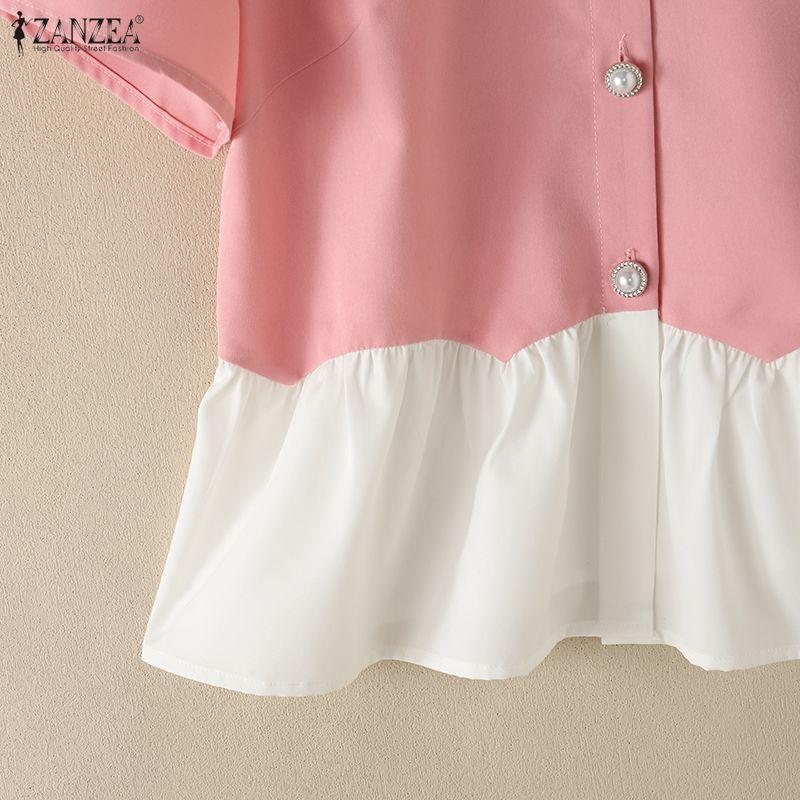 ZANZEA Women Casual Round Neck Splice Loose Short Sleeve Blouse Summer