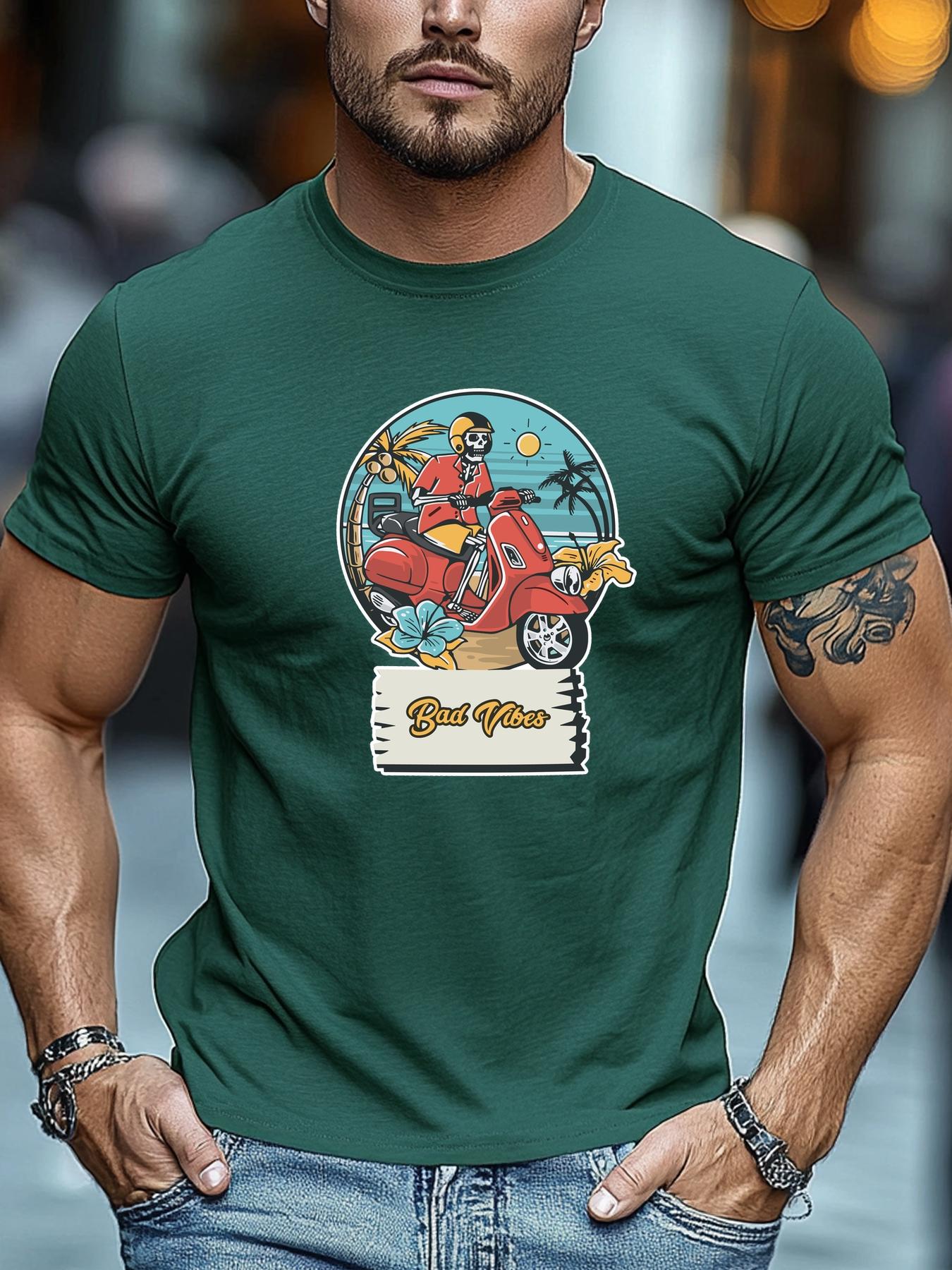 

Mens Biking TShirt Bad Vibes Skeleton Scooter Print Short Sleeve Round Neck Breathable Oversized Edgy Daily Wear 4XL