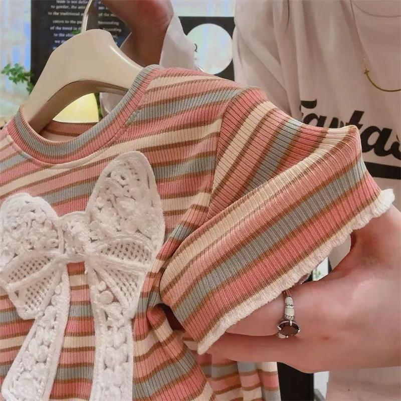 2Pcs Kids Clothing Sweet Colorful Strip Short Sleeve Two-Piece Set Baby Children Girls Casual Cotton Outfits Cardigan+Long Pant