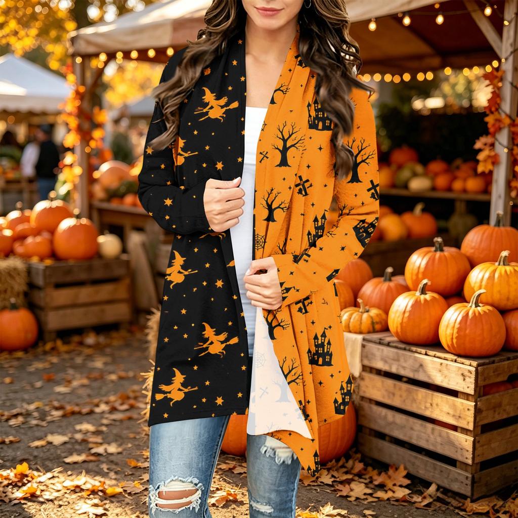 Women's Casual Long Sleeve Cardigan with Halloween Print for Festive Occasions