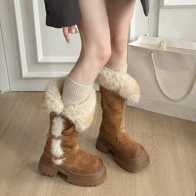 First encounter season thick-soled gray long-tube fluffy snow boots women s winter velvet and thin Northeast boots 40