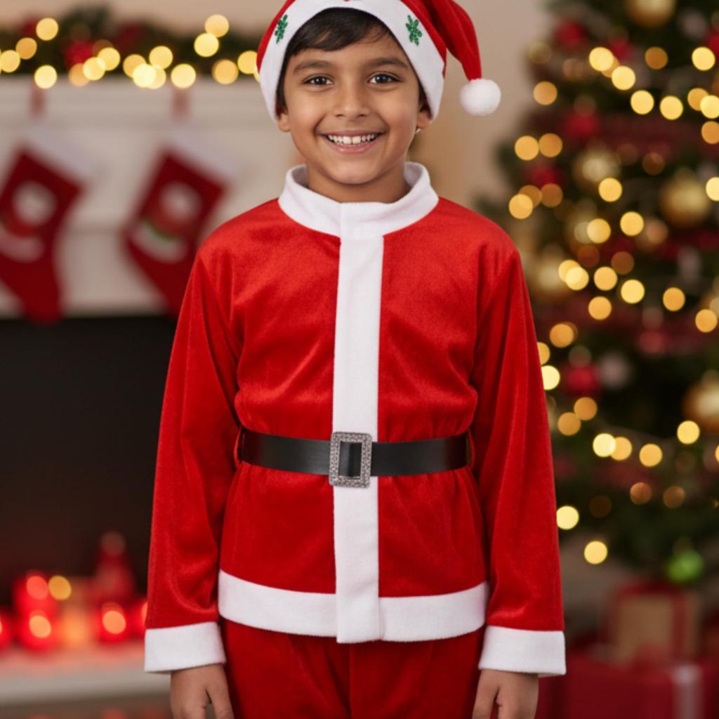 DONGRI Patch Shop Kinder Weihnachtsmann Kostüm, 4-teiliges Set, Mütze, Jacke, Hose und Gürtel, Weihnachtsoutfit (80 cm)