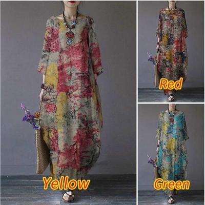 Φόρεμα από Βαμβάκι με Ρετρό Μοτίβο - Γυναικείο Μακρύ Φόρεμα με Μανίκια 3/4 και Λαιμόκοψη Ο, Καθημερινή Άνετη Εφαρμογή, Καθημερινό Μποέμ Στυλ