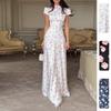 Summer New High Waist Commute Maxi Dresses Temperament Stand Collar Floral Printed Dress Elegant Lady Short Sleeve Pleated Dress
