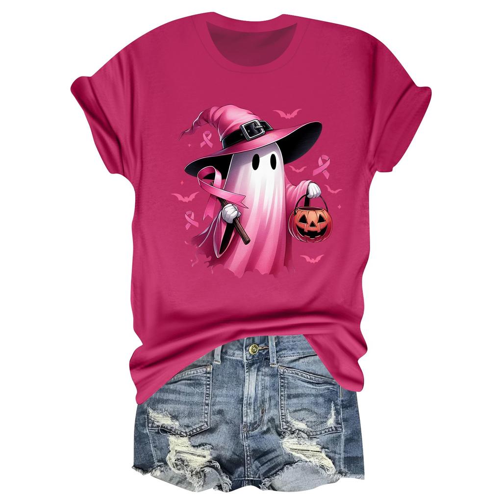 Women's Casual Halloween Breast Print T-Shirt Round Neck Pullover Short Sleeve Top
