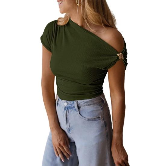 Women T-shirt Soft Stretchy Regular Fit Sloping Shoulder Short Sleeve Pullover Tops with Metal Design Party Vacation Casual Wear